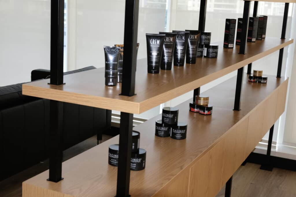 Hair product lineup at Freddy Classics