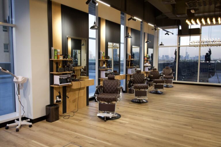 Modern barbershop with vintage style mirrors